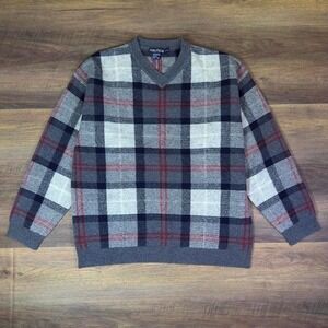 Nautica Plaid V-Neck Wool Sweater Men's Large Gray Red Blue Knit Pullover